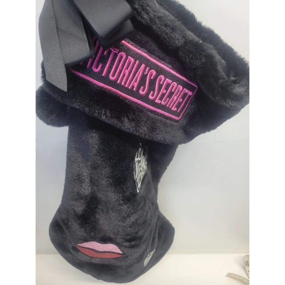 NWT Victoria's Secret Black Faux Fur Christmas Stocking Lips Heart‎ Diamond Bow